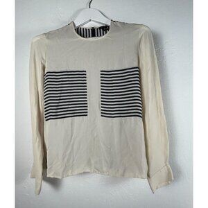 Theory Women's Long Sleeve Black Stripe Top Silk White Size Medium Lightweight